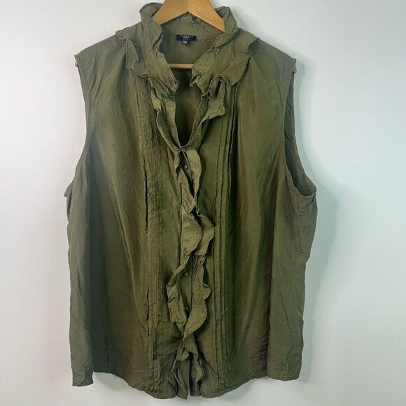 Talbots Woman 24W Silk Sleeveless Ruffle Blouse Green Tank Top Plus Size Boho - Picture 1 of 9